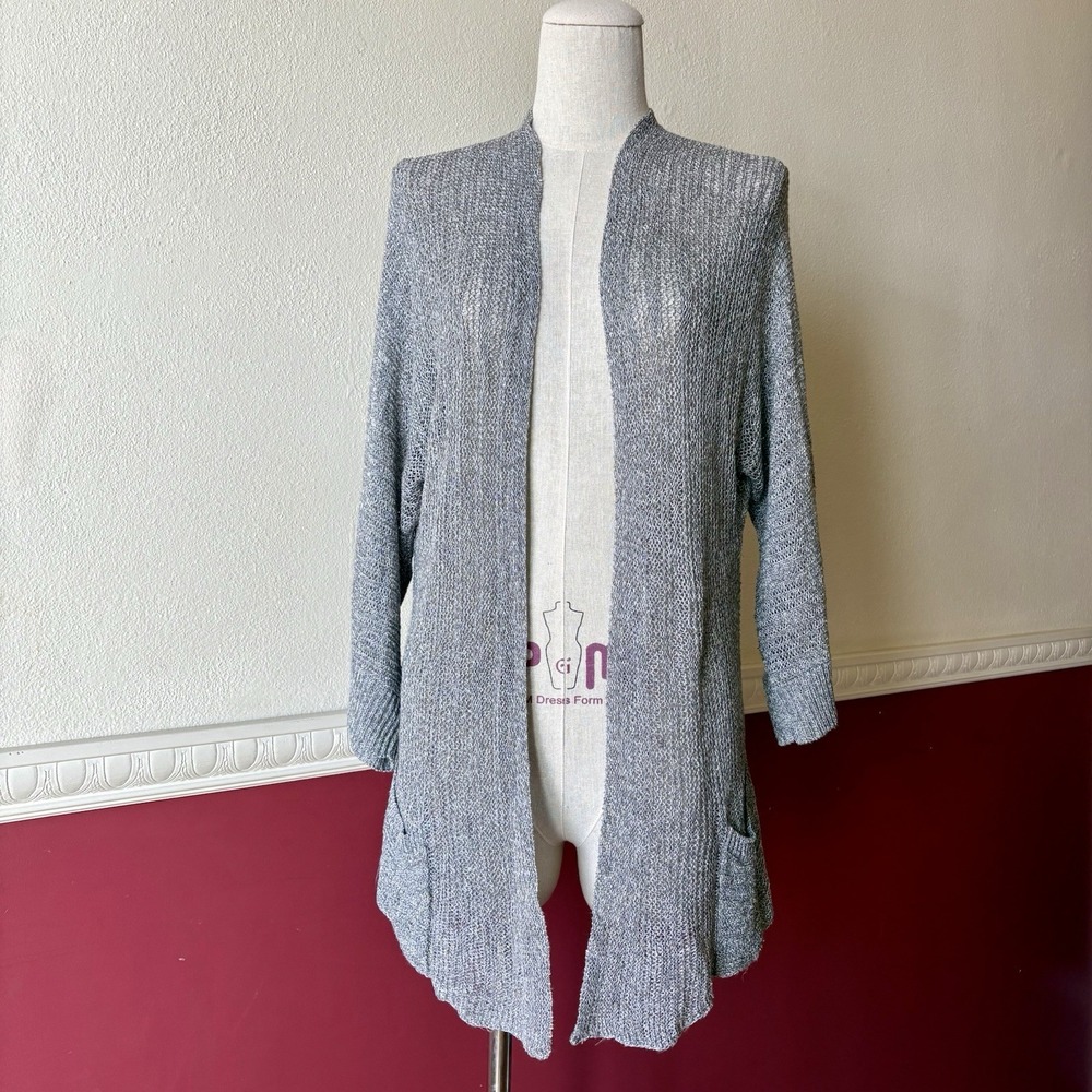 Chico's linen blend open‎ weave dolman sleeve gray cardigan chic coastal grandma